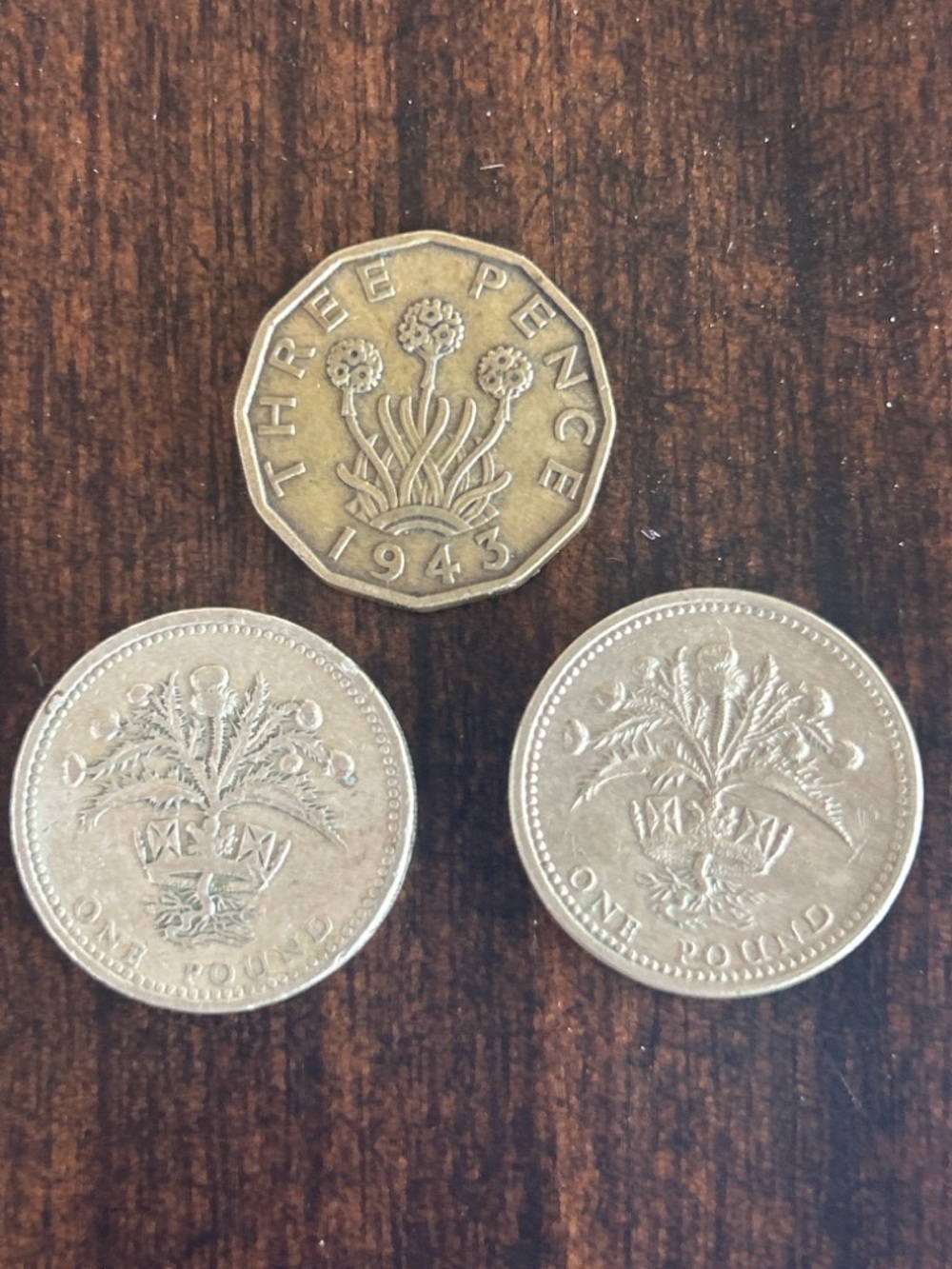 Vintage UK Coin Lot- Three Pence (1943) + Two One Pound Coins